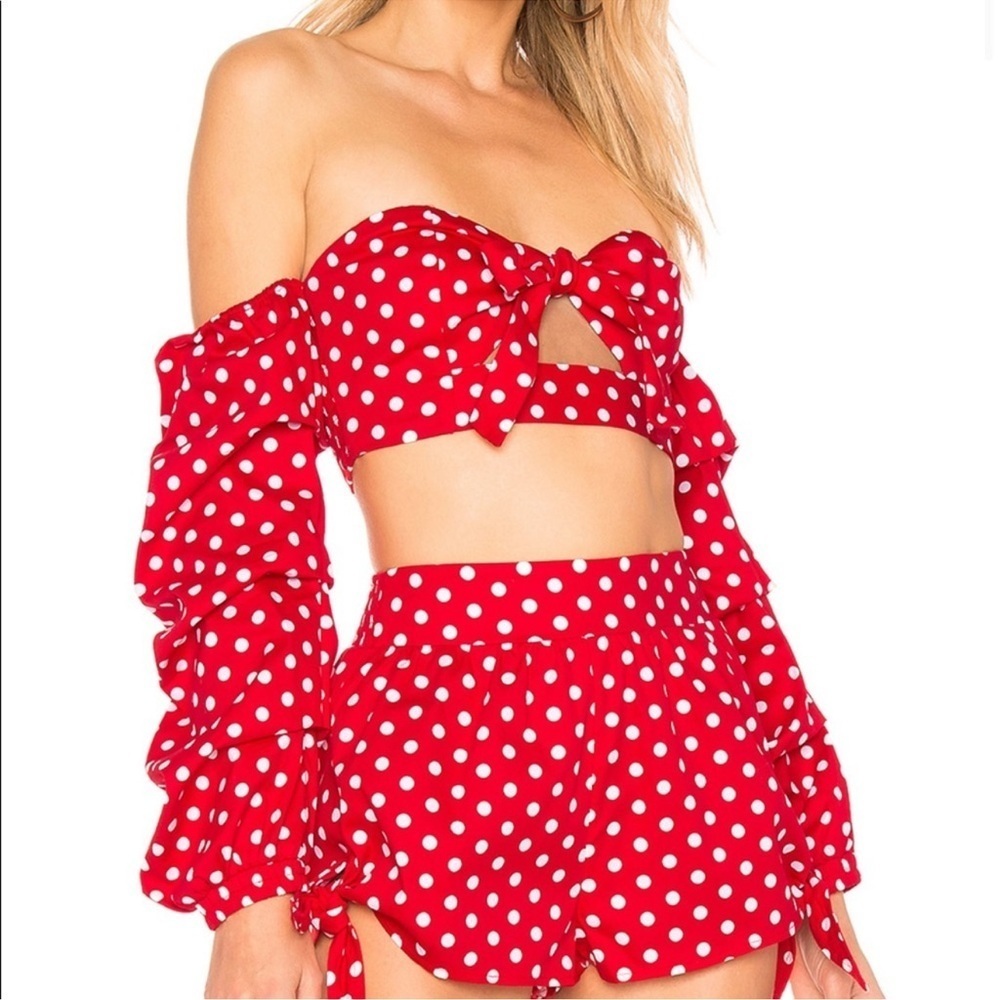 Majorelle Red White Polka Dot Off the Shoulder Crop Long Sleeve Top Size medium